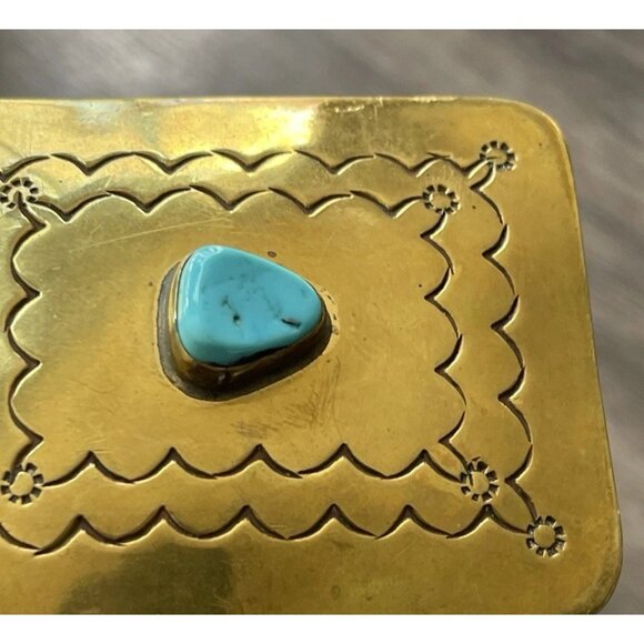 Navajo Yellow Brass Turquoise Women’s Belt Buckle Flower Engraved Signed ER main image 4